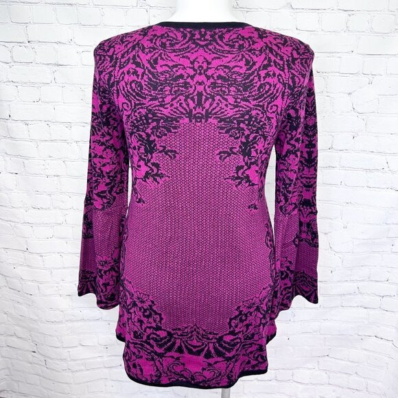 STYLE & CO PURPLE PATTERNED LONG SWEATER W/ BELL SLEEVES - L - Picture 3 of 5